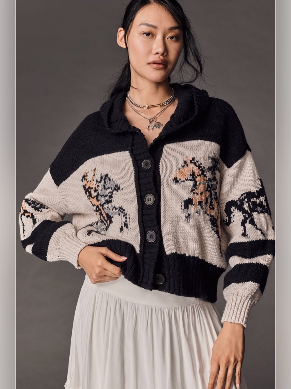 Anthropologie Black and Cream Horse Motif Button Cardigan XS